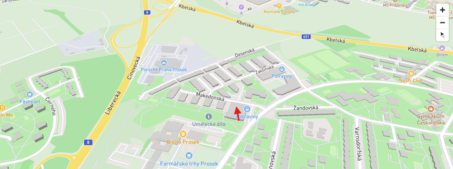 Map of the area around Prosecká zahrada, Makedonská 1, Prague 9